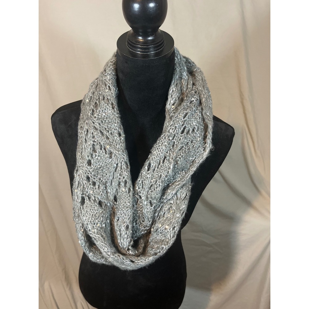 Gray Sequin Knit Infinity Scarf Silver Shimmer Open Stitch Loop Cowl Neck